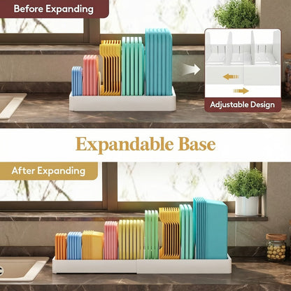 Container Lid Kitchen Organizer with Eight Inserts, 21 Compartments and Expandable 13-24.3-Inch Base
