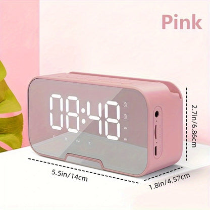 Pink Mirror Bluetooth Speaker with Wireless Microphone – LED LCD Display, FM Radio, TF Card, USB Charging, Alarm Clock, Adjustable Volume & Brightness, Birthday & Easter Gift for Girls