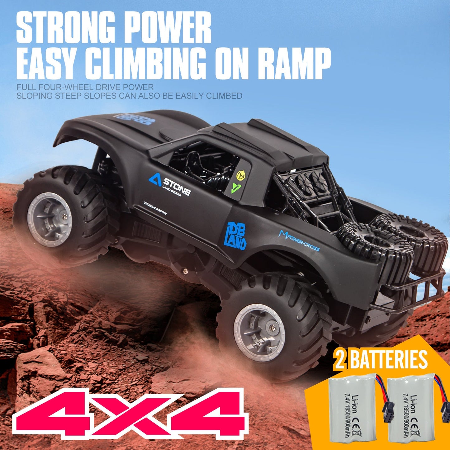 RC Monster Truck or Pickup 1:16 Scale in Five Body and Color Styles with 4WD Layout and Two Rechargeable Batteries