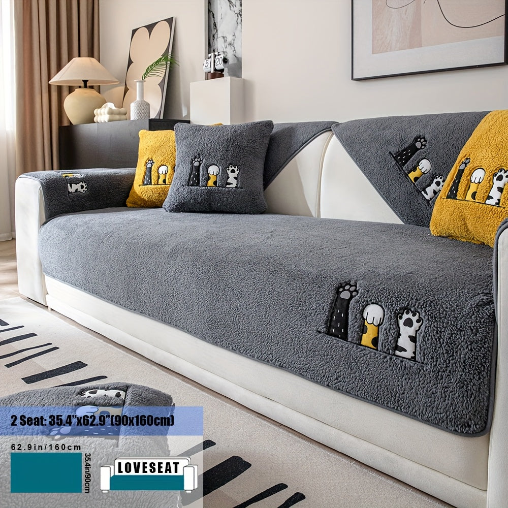 Sofa Cover, Sherpa Plush Cat-Paw Embroidered Seat Pad with Non-Slip Backing in Four Colors and Seven Sizes