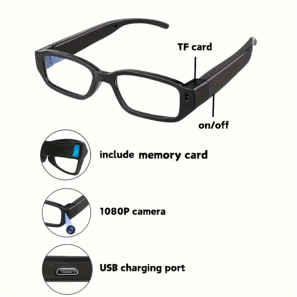 1080P HD Recording Glasses with TF Storage Card – Smart Camera Glasses, 65° Wide-Angle DV Video Recorder, Eye Protection Lenses, Long-Lasting Battery, Portable Wearable Camera for Travel, Sports & Everyday Use