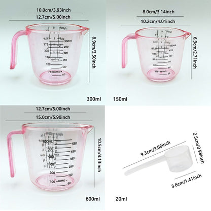 Measuring Cups Set 4-Piece with Spoon, 6oz 12oz 20oz Baking Cups + 20ml Spoon, PS Food-Safe Material, ML OZ CUP Markings, Pink Kitchen Measuring Set