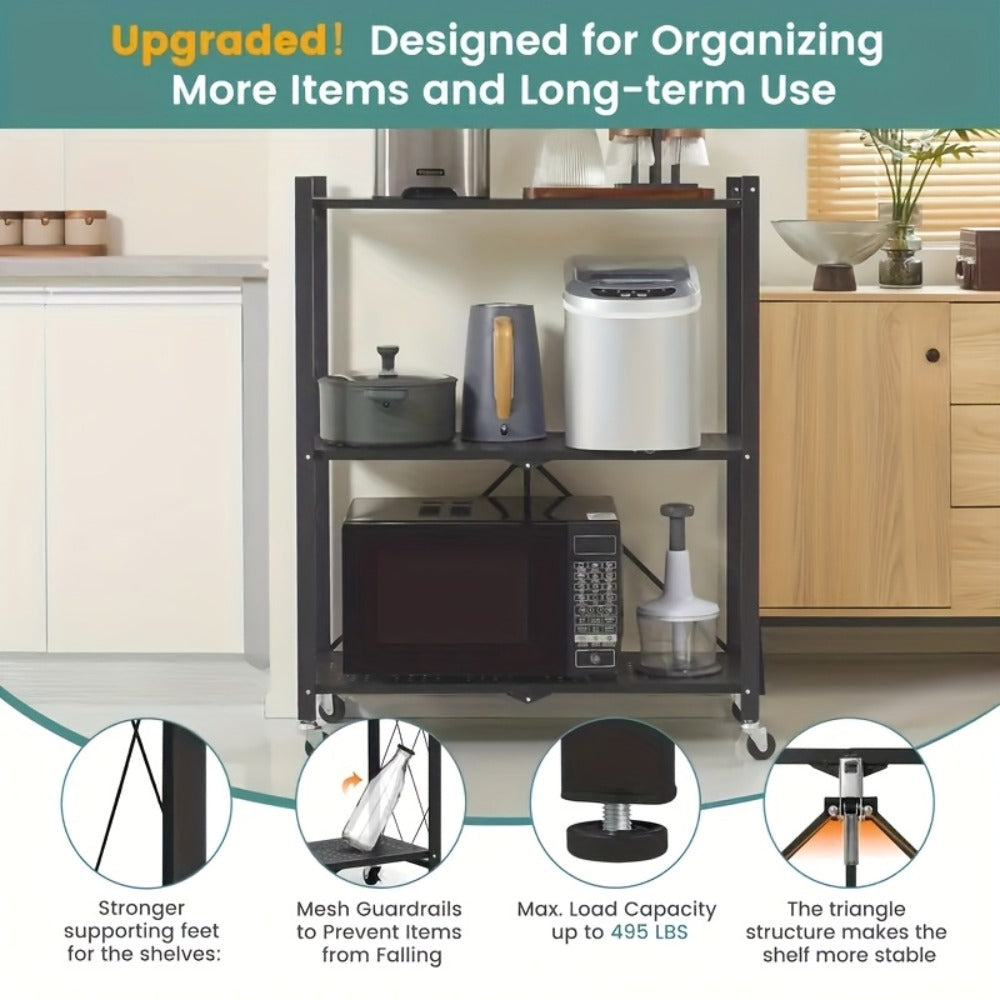 Three-Tier Foldable Storage Rack with Black Iron Shelves, Caster Wheels and 62cm-Wide Frame