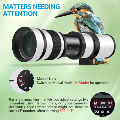 420-800mm High-Power Telephoto Zoom Lens F8.3-16 for Canon EF Mount DSLR Cameras Manual Focus T-Mount Adapter Included Compatible with Multiple Camera Models for Wildlife Bird Moon Photography