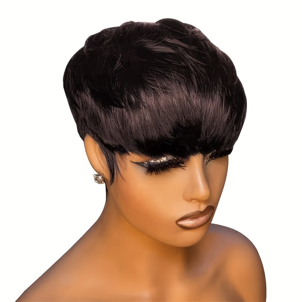 6-Inch Pixie Cut Human Hair Wig with Full Bangs, 180% Density and Black or Burgundy Color Selections