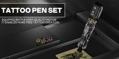 Tattoo Machine Kit POSEIDON PS090-161 Wireless Rotary Pen with 1400mAh Battery, Display, 10 Cartridges and 6 Inks