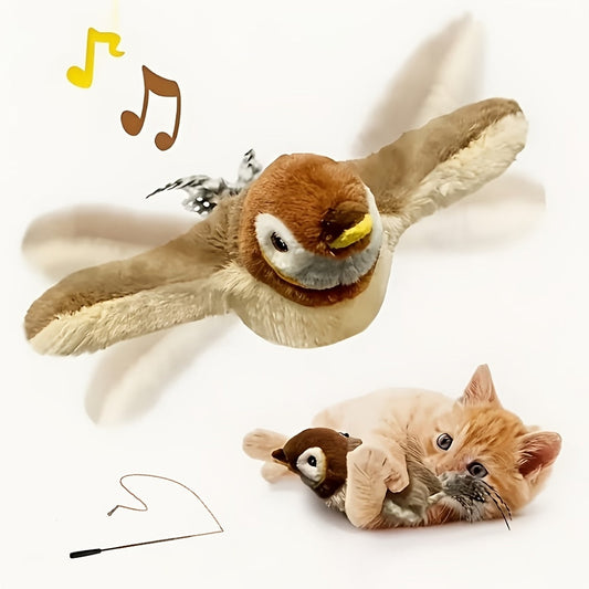 Flying Sparrow Cat Toy with Flapping Wings & Chirping Sound - USB Rechargeable Plush Bird Cat Toy, Touch-Start Interactive Feather Toy for Indoor Cats, Realistic Bird Motion & Calls