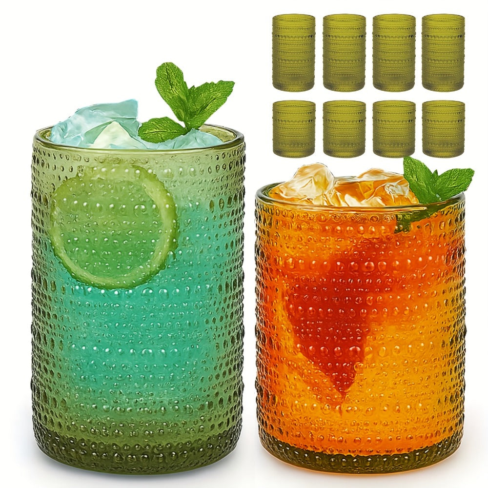 Embossed Highball Glass Drinkware Set, 12-Piece Clear, Green or Blue Cups in 10oz and 12oz Sizes