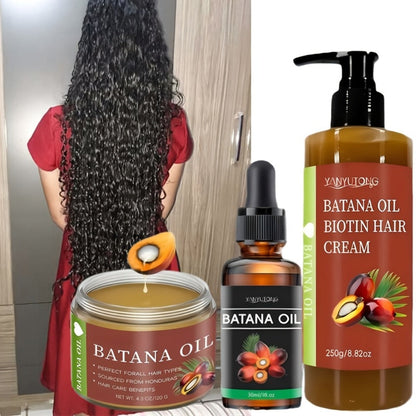 Three-Piece Batana Oil and Biotin Hair Care Set with Pump Cream, Dropper Bottle and Balm Formats