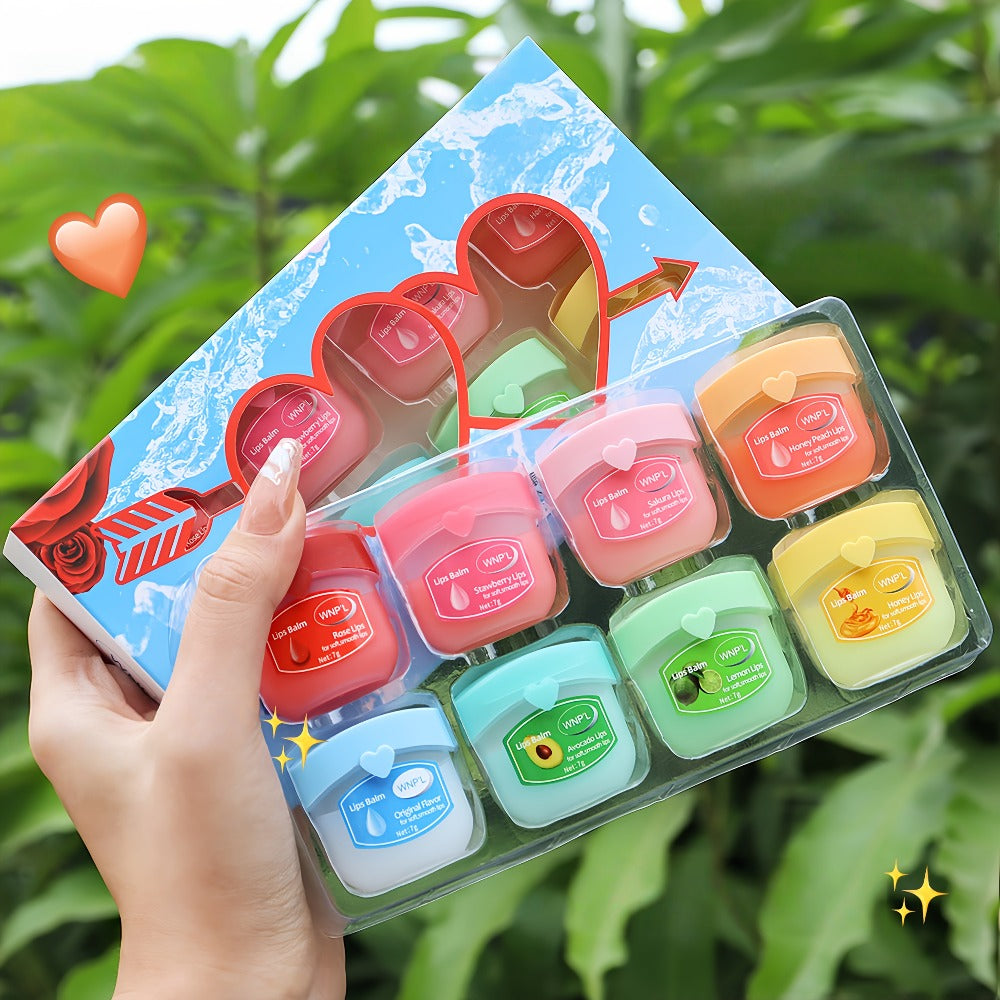 32-Piece Mini Pot Lip Balm Set with Eight Pictured Colors in Four Boxed Assortments and Heart Carton