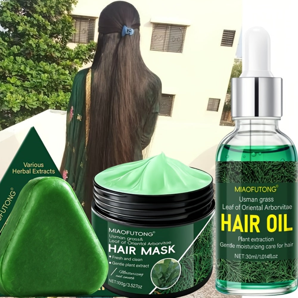 Three-Piece Usman Grass Hair Care Kit with 120g Triangular Shampoo Bar, Oil and Mask Formats
