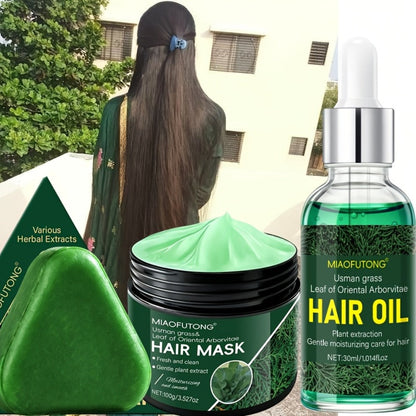 Three-Piece Usman Grass Hair Care Kit with 120g Triangular Shampoo Bar, Oil and Mask Formats