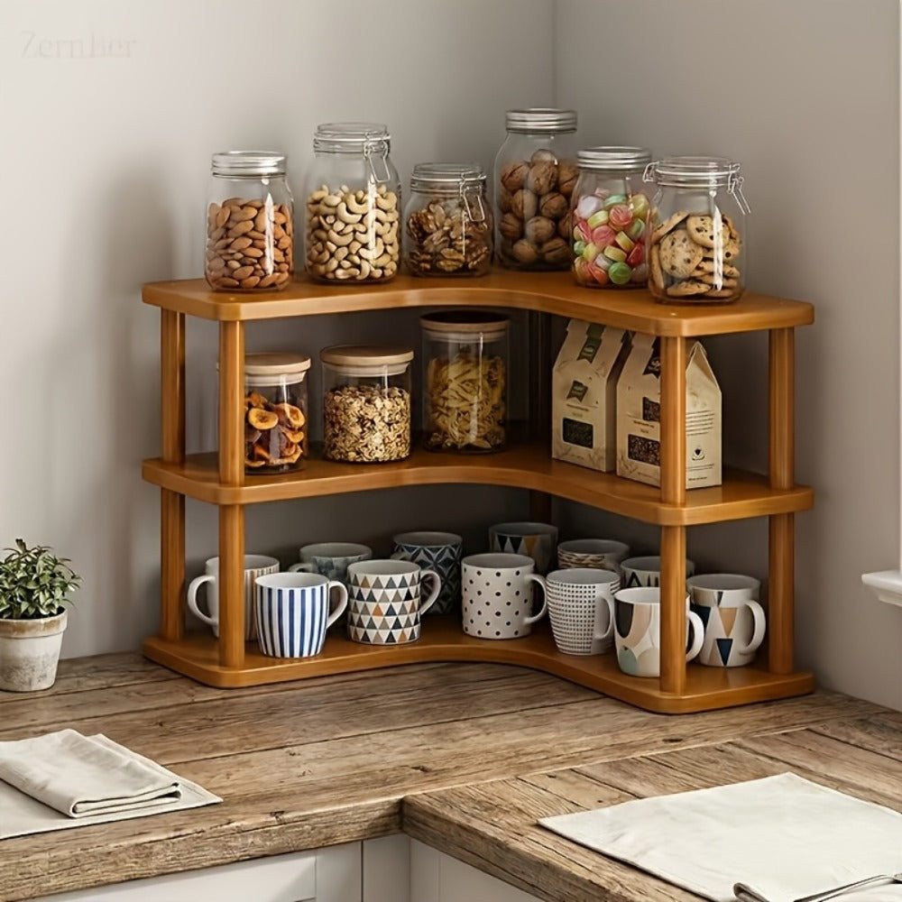 Corner Shelf Kitchen Organizer 3-Tier Brown Triangular Countertop Rack for Coffee Station Accessories