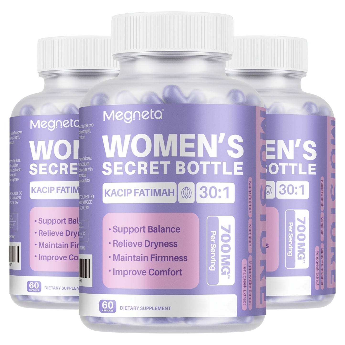 Women's Herbal Capsule Supplement with Five Named Botanicals in One-, Two- or Three-Bottle Packs
