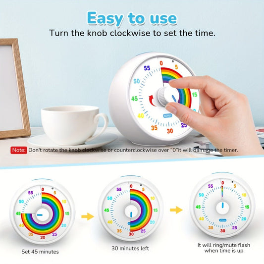 Visual Timer 60 Minute Countdown Silent Tomato Timer Rainbow Pattern for Classroom Office Kitchen Desktop Time Management Tool Battery Powered
