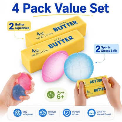 Four-Piece Slow-Rise Foam Squishy Set with Two Butter Bars, One Basketball and One Football