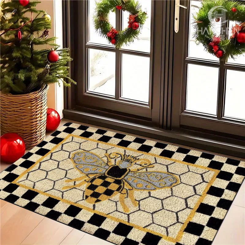 Bee Honeycomb Entryway Floor Mat with Black Check Border in Three Sizes from 15.74 x 23.62 to 17.71 x 47.24 Inches