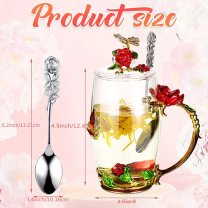 Four-Piece Floral Glass Tea Mug Set with Butterfly Lids, Rose Handles, Spoons and 12-Ounce Option