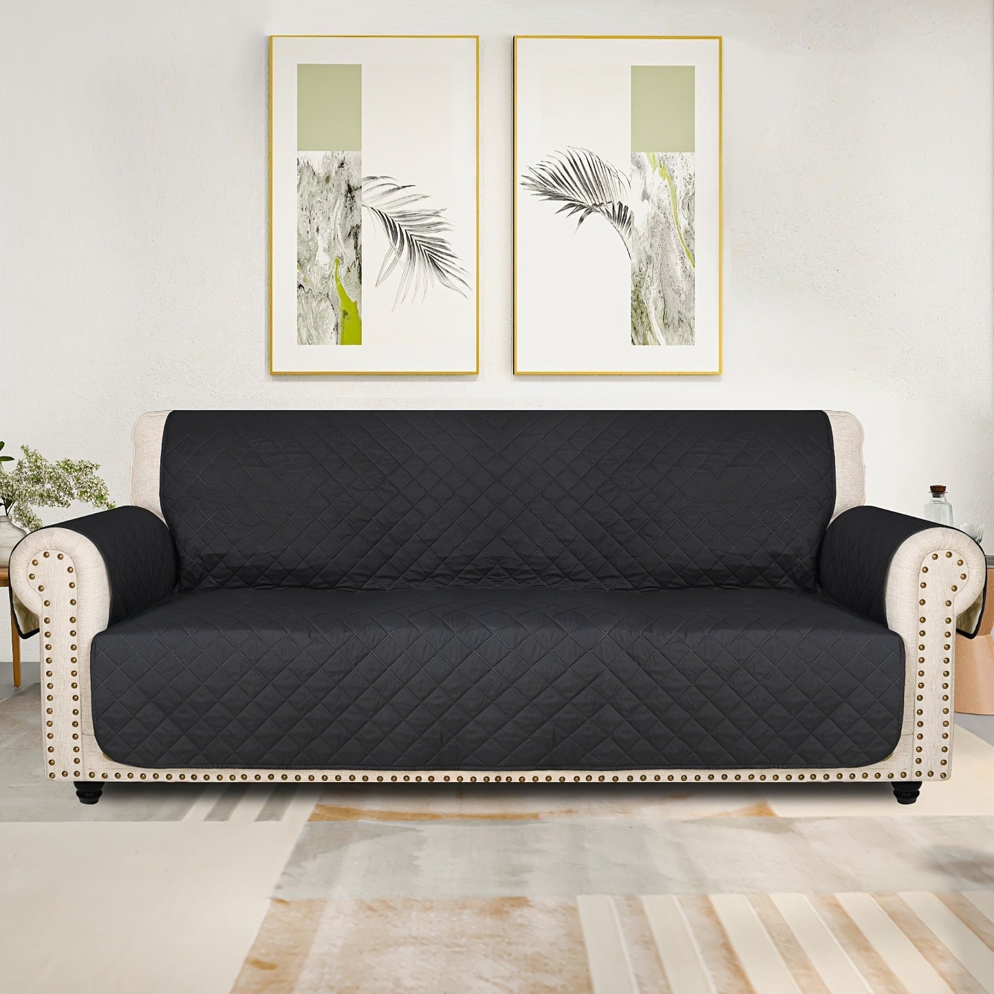 Sofa Cover Five-Layer Quilted Microfiber Protector with Elastic Strap and Foam Anchors for 3 or 4 Seats
