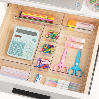 Clear Drawer Organizer Trays 25 Pack with 4 Sizes, Plastic Storage Bins for Desk Drawer Kitchen Flatware Cosmetics Dresser Under Bed Organization Dividers