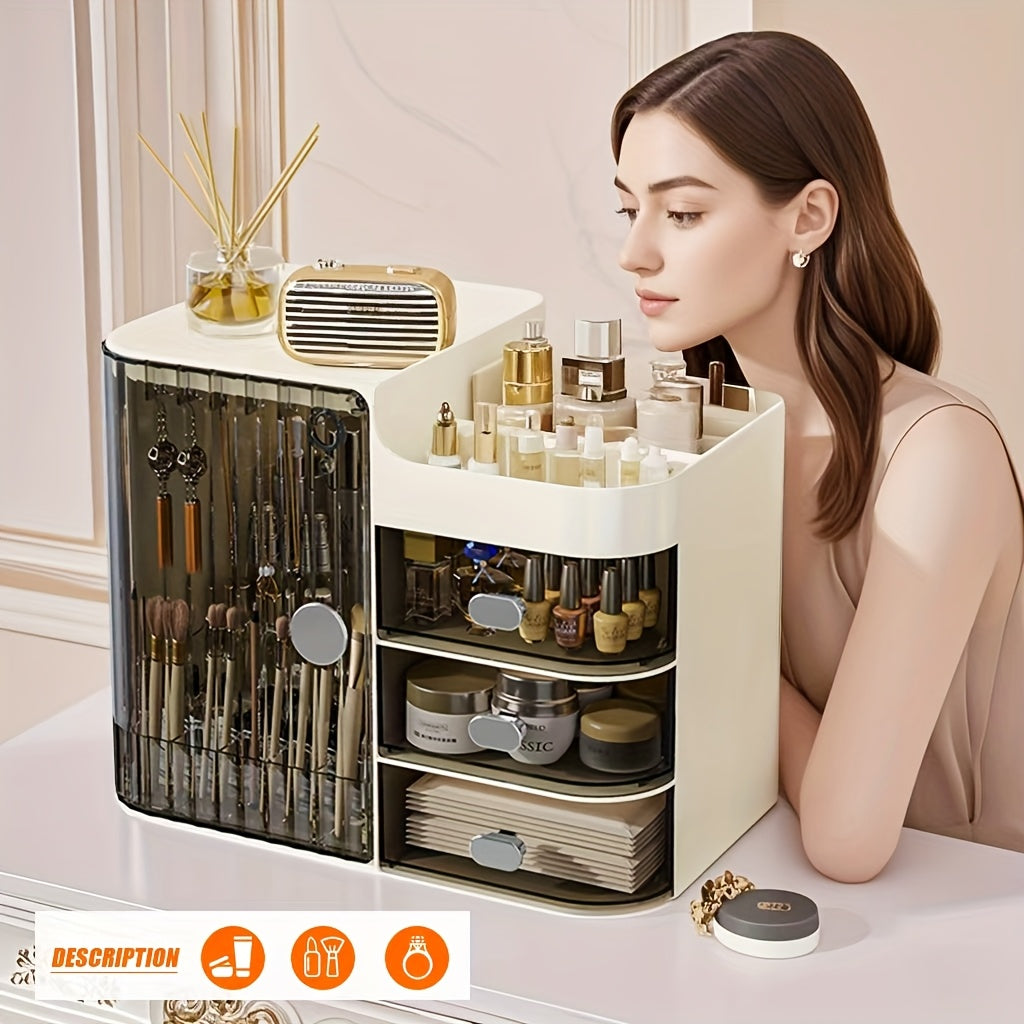 Three-Drawer Makeup Organizer with Mirror in Transparent Black or Cream White Large Checkout Options