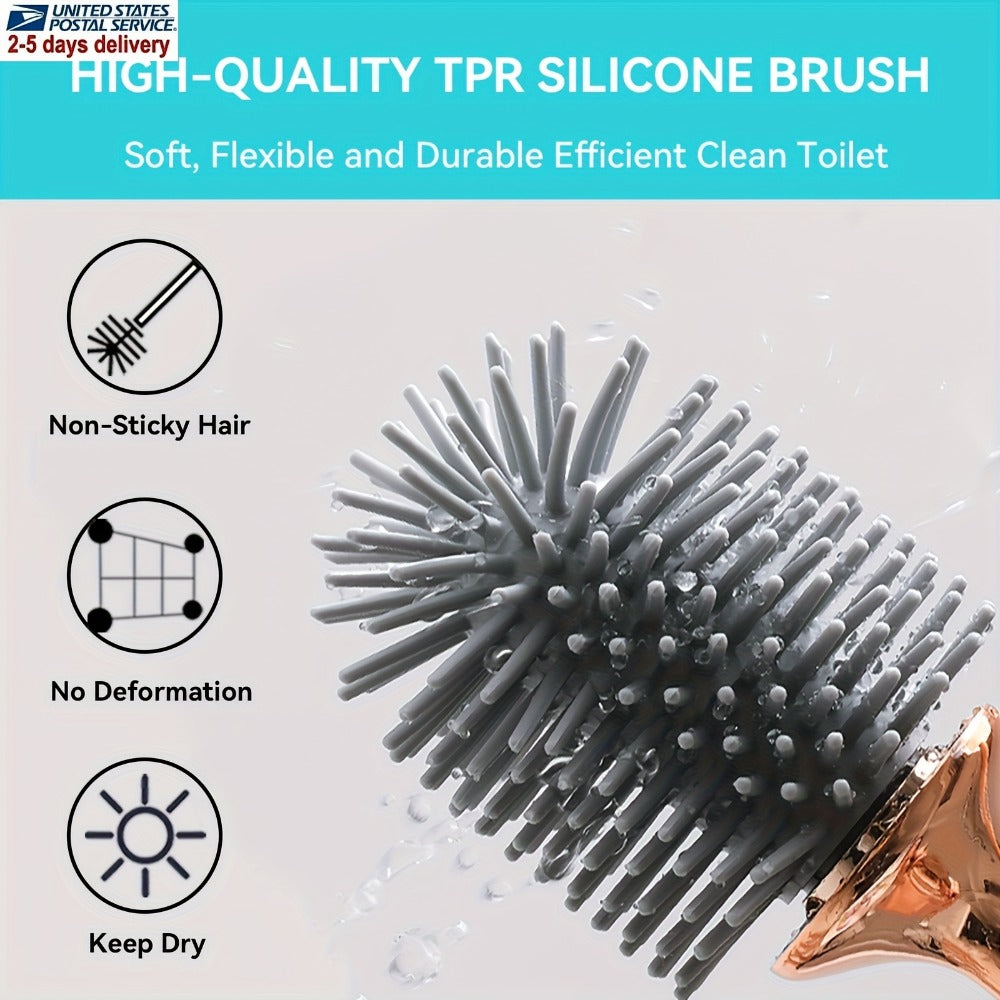 Black TPR Silicone Toilet Brush and Covered Holder Set with 41cm Handle for Bathroom Floor Storage