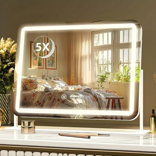 Makeup Mirror Rectangular LED Vanity Stand with 5X Detail Mirror, Three Light Colors, Touch Dimming and 360° Rotation