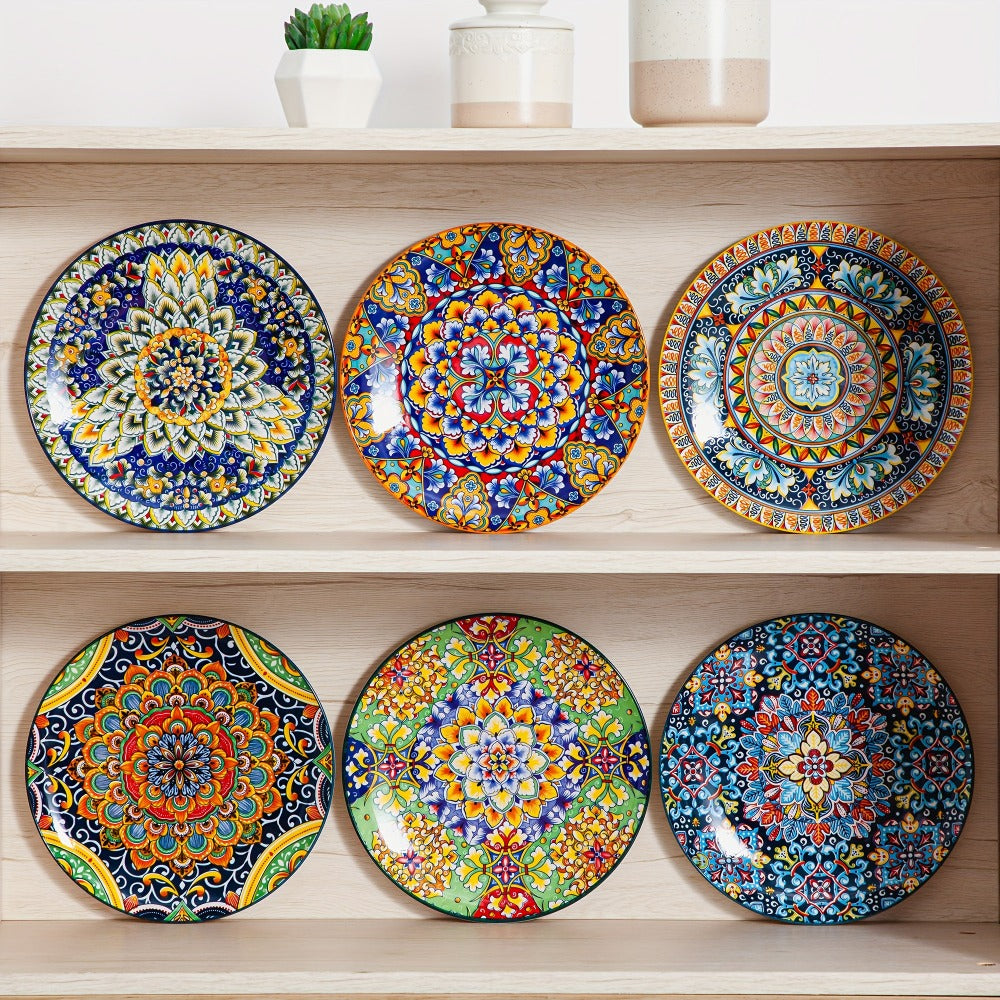 Six-Piece Bohemian Dinner Plate Set with 10.5-Inch Colorful Patterned Plates in Two Style Options