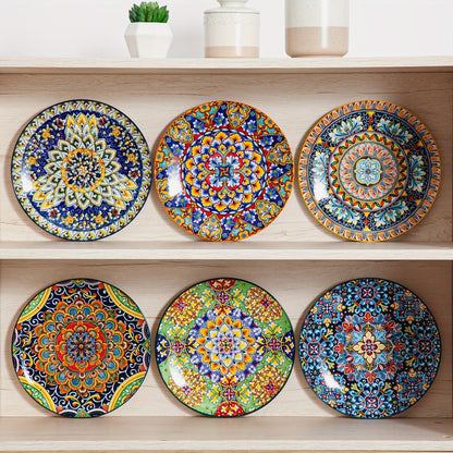 Six-Piece Bohemian Dinner Plate Set with 10.5-Inch Colorful Patterned Plates in Two Style Options