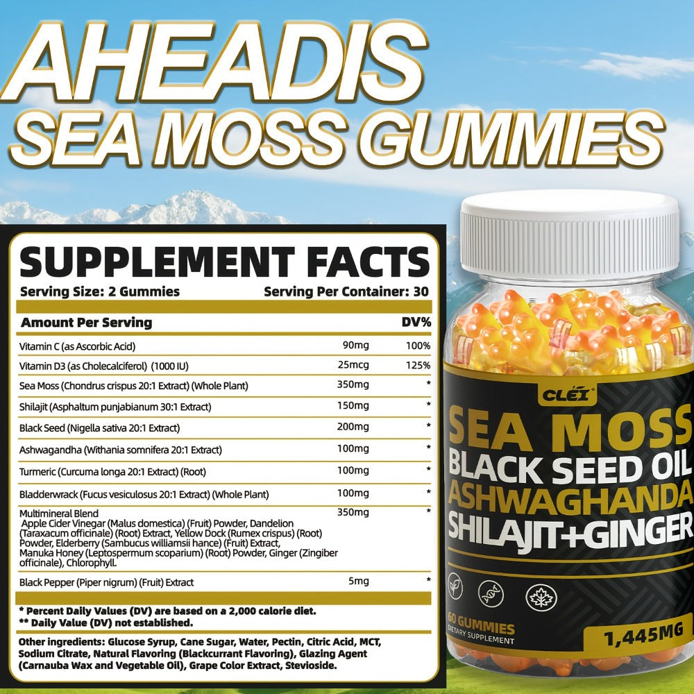 Immune Support Gummies with Sea Moss 1445mg – 10-in-1 Superfood Blend with Black Seed Oil, Ashwagandha, Elderberry, Turmeric, Bladderwrack, Chlorophyll, Shilajit & Ginger – 60 Count Daily Wellness Supplement