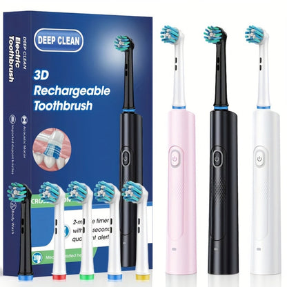 Electric Toothbrush with Round Brush Heads, IP67 Rating, Smart Timer and Six Color and Head-Count Bundles