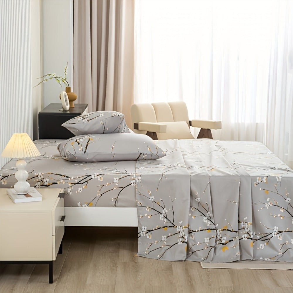 Bed Sheet Set 4-Piece Plum Blossom Floral Polyester with 15-Inch Pocket and Four Color Options