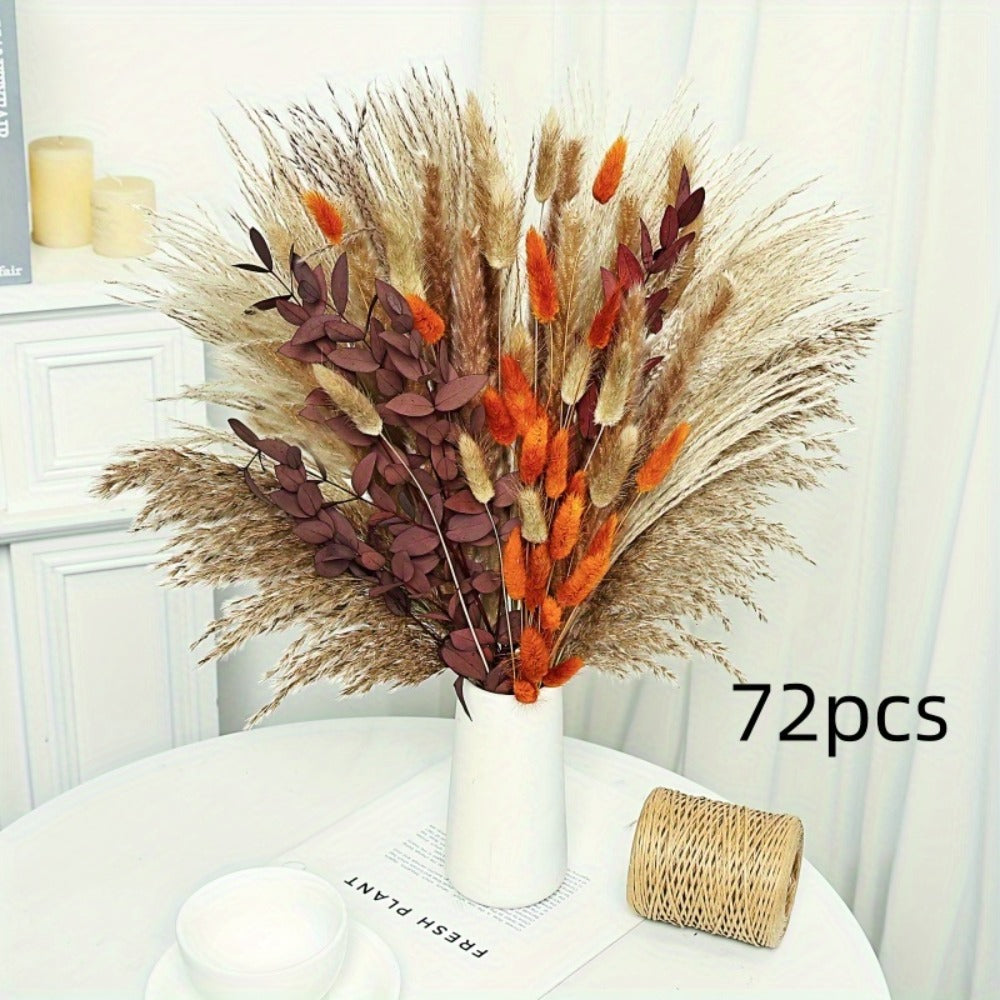 Artificial Pampas-Style Bouquet, 72-Piece 17-Inch Autumn Mix with Feathery, Reed and Leaf Stems