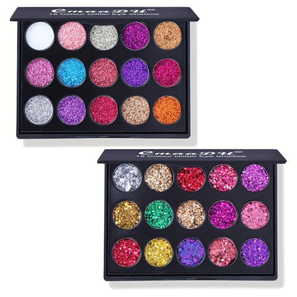 Glitter Eyeshadow Palette 2-Pack 15 Colors Each — Shimmer Metallic Sequin Foil Squalane-Infused High Pigment Eye Shadow Set for Stage Festival Party All Skin Tones Women