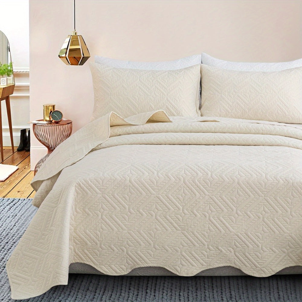 Rhombus-Pattern Three-Piece Bedspread Set in Khaki, Matcha, Blue and Grey with Twin to King Sizes