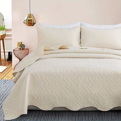 Rhombus-Pattern Three-Piece Bedspread Set in Khaki, Matcha, Blue and Grey with Twin to King Sizes