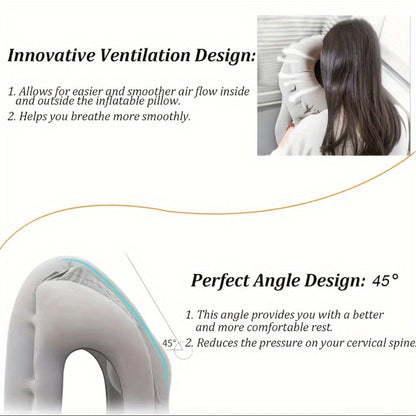 Grey Inflatable Forward-Leaning Travel Pillow with Face Opening, Arm Access, Carry Case and 37 × 32 × 26 cm Label