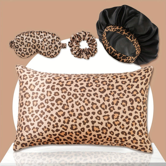Leopard Print Pillow Covers Set of 4 with Sleep Mask and Headband Machine Washable Polyester Woven Fabric Travel Bedroom Decorative Pillowcase