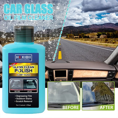 Car Glass Polish by HEXIBII, 150ml Oil-Film Cleaner Compound with Two Sponge Applicators for Windshields