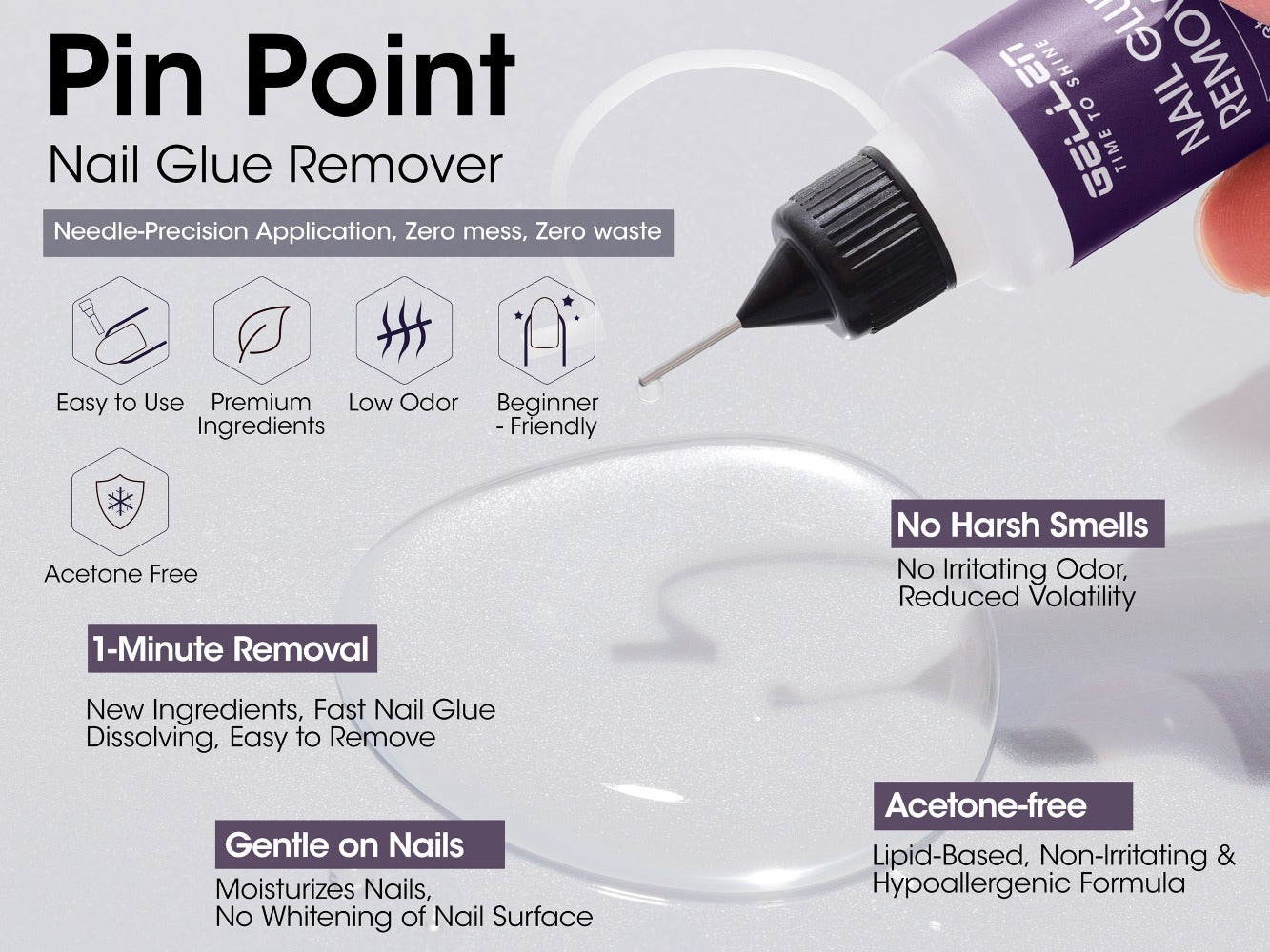 Nail Glue Remover 20ml Precision Needle Applicator Acetone Free - Fast Acting No-Mess Formula for Press On Nails Gel X Nail Tips Fake Nails - Non-Irritating Nail Glue Dissolver for Women