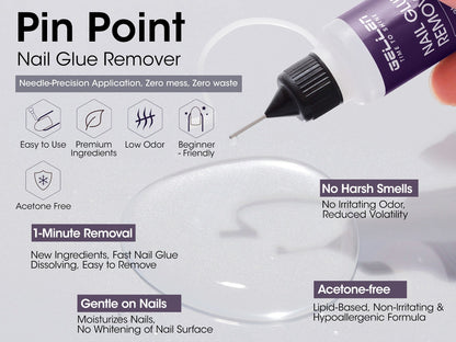 Nail Glue Remover 20ml Precision Needle Applicator Acetone Free - Fast Acting No-Mess Formula for Press On Nails Gel X Nail Tips Fake Nails - Non-Irritating Nail Glue Dissolver for Women