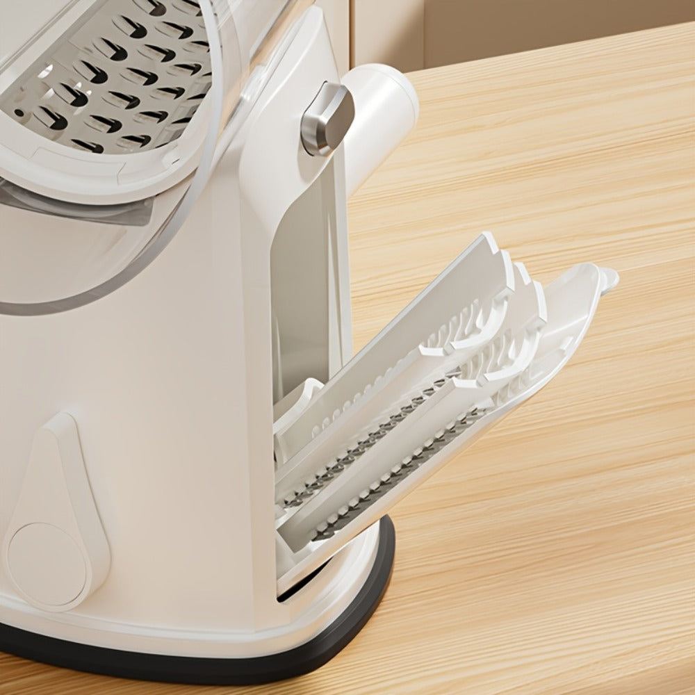 Rotary Cheese Grater with Handle 10 Interchangeable Blades Suction Cup Base Easy Clean Kitchen Slicer for Cheese Vegetables Fruits Nuts