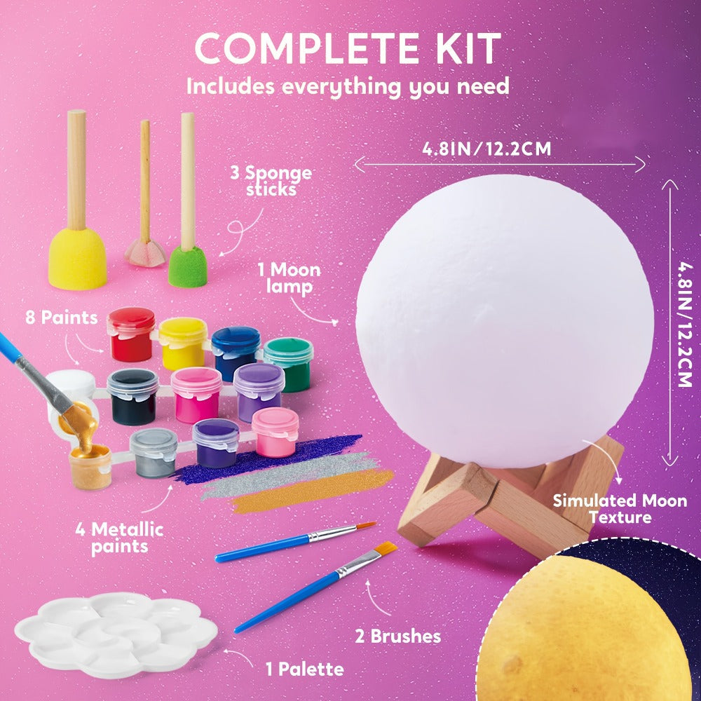 Paint-Your-Own Moon Lamp Craft Kit with 12 Colors, Four Metallic Paints, Two Brushes and Wooden Stand