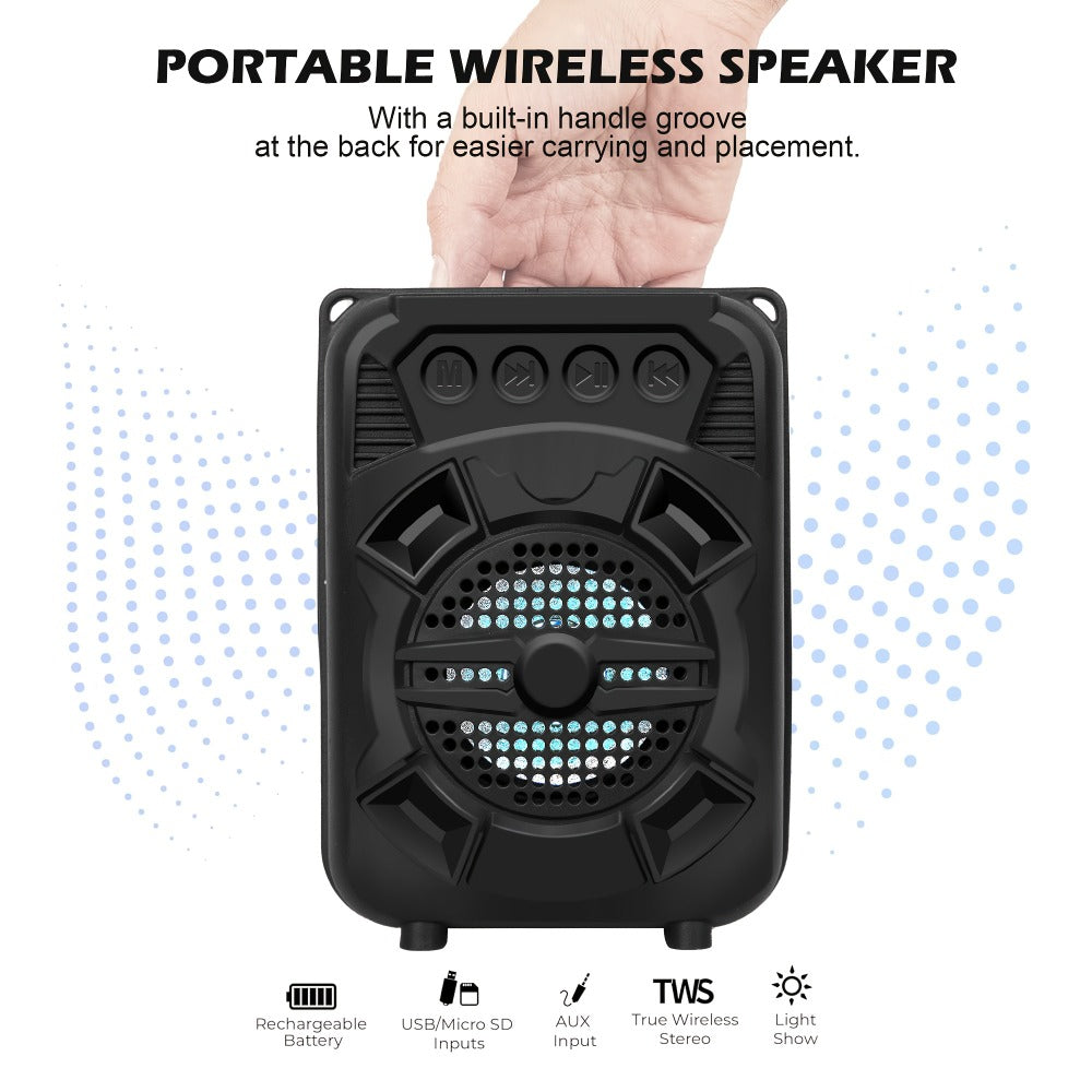 Portable Bluetooth Speaker with LED Light, Stereo Bass Listing and Up to 10 Hours Playtime in Black