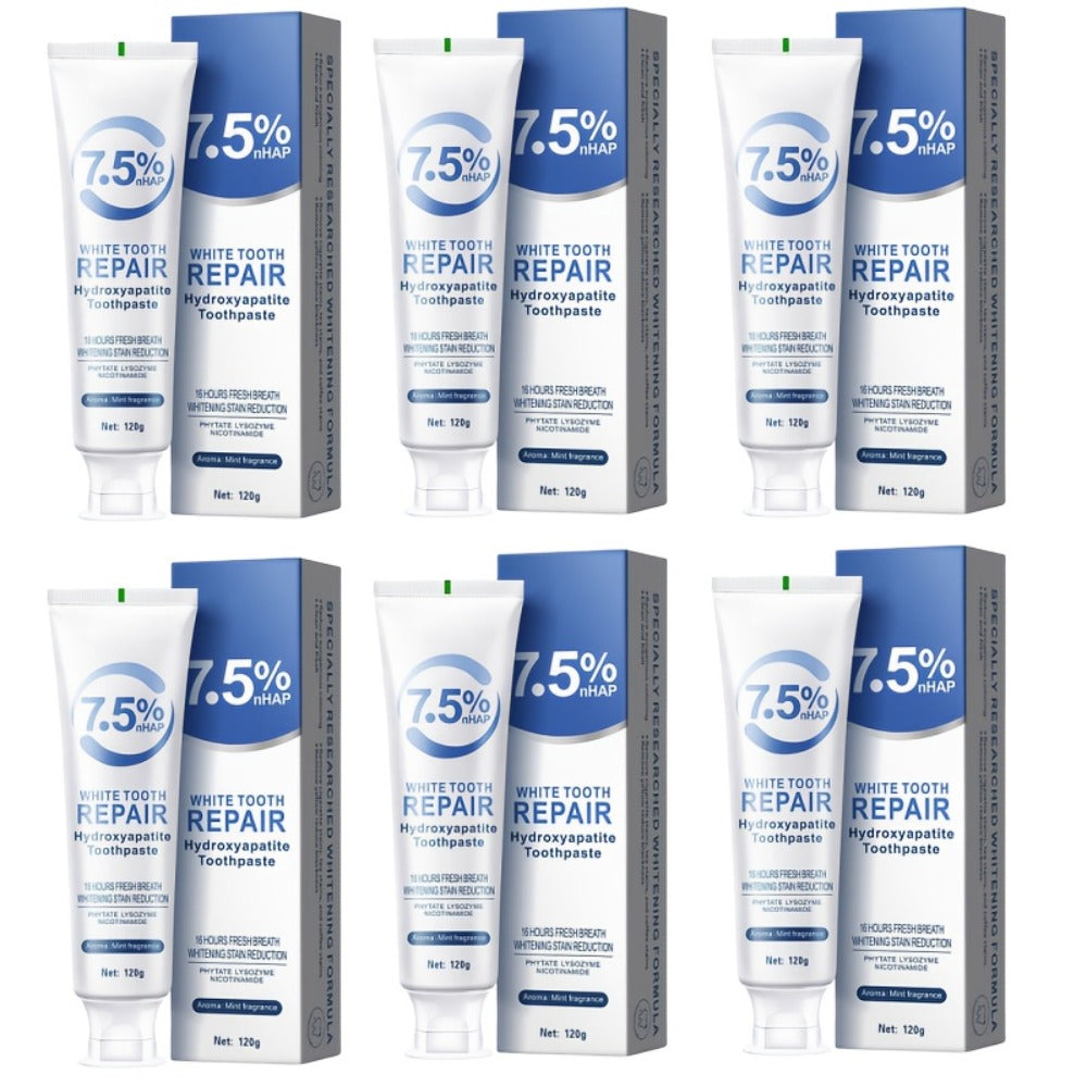 Six-Pack 120g Mint Toothpaste Tubes with 7.5% Hydroxyapatite and SP-8 Probiotics Package Labels