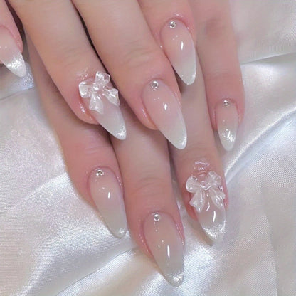 Ice Pink Almond Press On Nails 96 Pieces 4 Packs – Gradient Flower Butterfly Glossy Full Cover False Nails for Women Girls | Shiny Nail Tips Daily Wear Spring Summer Bridal Wedding Nail Art Kit
