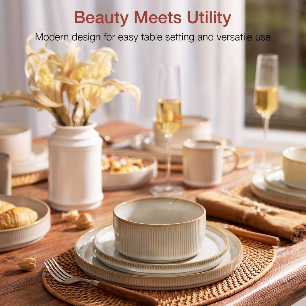 12-Piece Ribbed Dinnerware Set for Four with Dinner Plates, Salad Plates and Cereal Bowls in Two Cream Tones