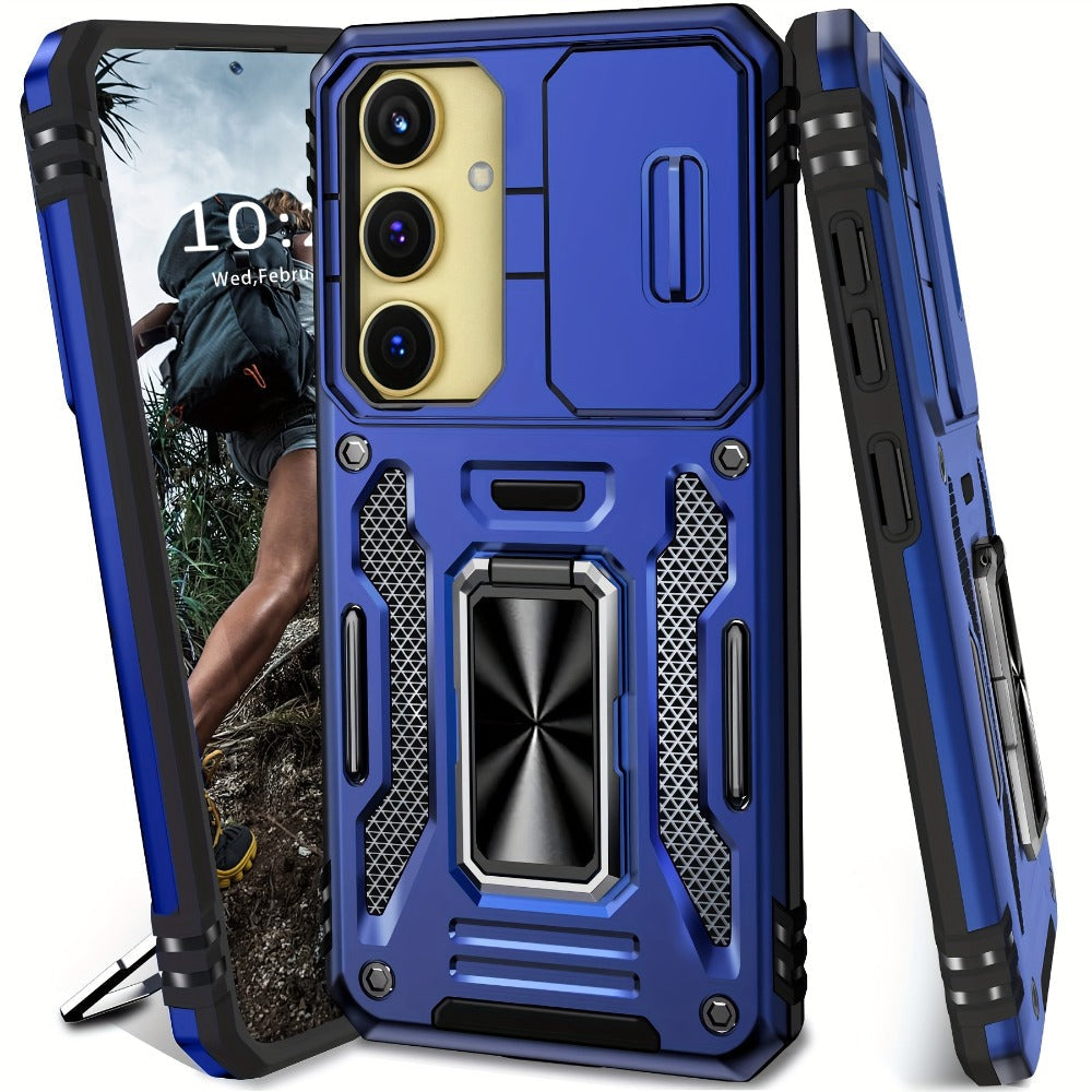 Samsung Galaxy Shockproof Magnetic Phone Case with 360° Rotating Ring Bracket & Sliding Lens Protector – Heavy Duty Cover for S24FE S23FE S22 S21FE Ultra A55 A54 A35 A34 A25 A24 A16 A15 A14 A06 A05 A05S 5G