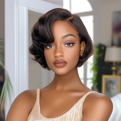 Lace Front Wig Human Hair Body Wave Bob with 4x1 Lace, 6in Length and Three Brown Highlight Colors