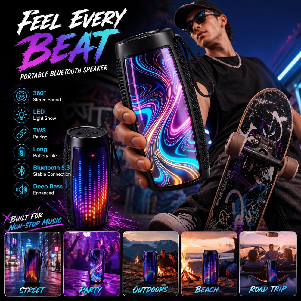 Portable Bluetooth Speaker with 5.1 Surround Sound, Stereo Bass Subwoofer, Dynamic RGB Lighting, Hi-Fi Lossless Audio, Long Battery Life, for PC Tablet Smartphone Parties Travel Entertainment